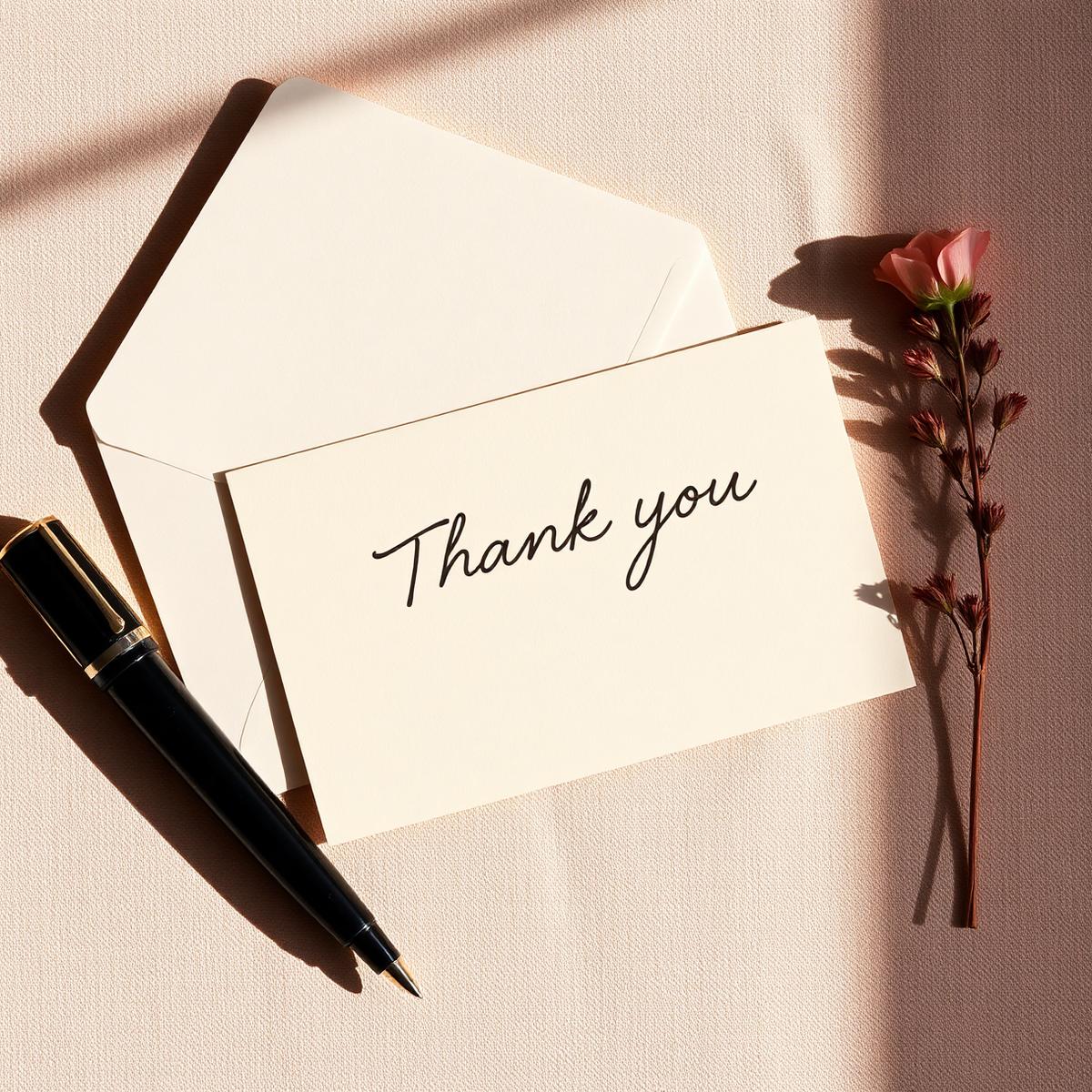 A handwritten thank-you card on cream paper next to a fountain pen